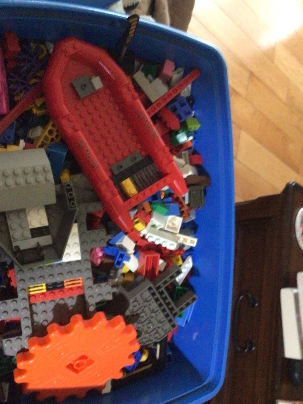 Lego Red Boat Hull with Blue Tub of Multicolor Bricks
